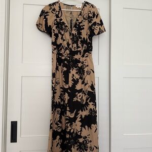 Anthropologie Black and Tan Flutter Sleeve Maxi Dress